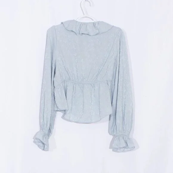 NWT LULUS Charming Style Light Blue Floral Satin Ruffle Long Sleeve Top Size L - Picture 6 of 10